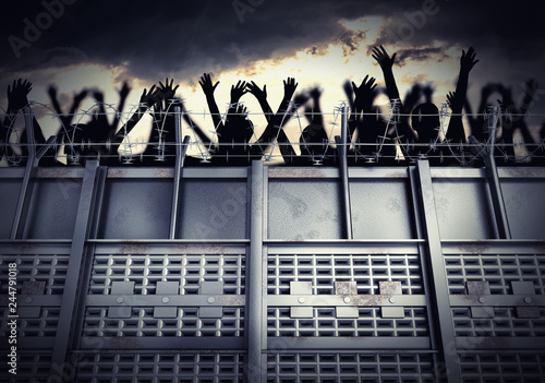 Border fence and wall separating contries. Concept. Concentration camp. People behind barbed wire and metal wall. 3D rendered illustration.