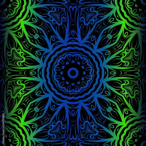 Mandala Seamless Floral Pattern. Design For Square Fashion Print. Vector Illustration. Blue, green color