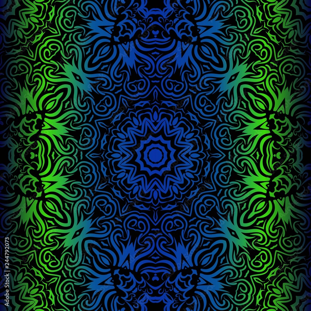 Obraz premium Mandala Seamless Floral Pattern. Design For Square Fashion Print. Vector Illustration. Blue, green color