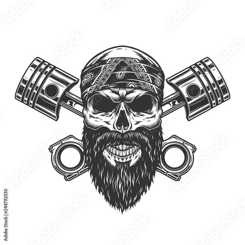 Vintage severe biker skull in bandana