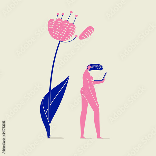illustration of a girl nude with notebook under flower, person, nature, ecology and technology, pink and blue colors scheme