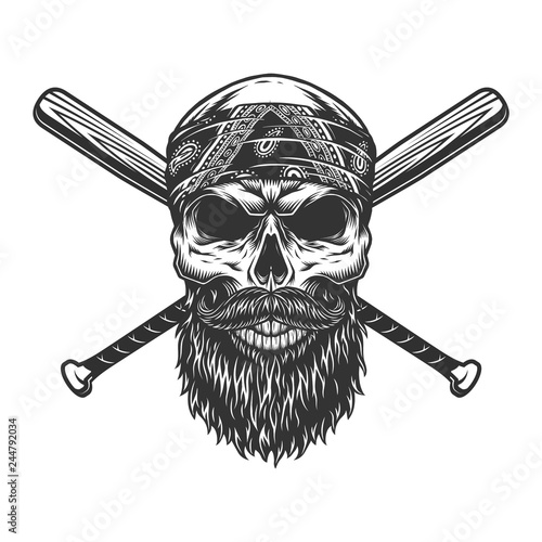 Vintage bearded and mustached bandit skull