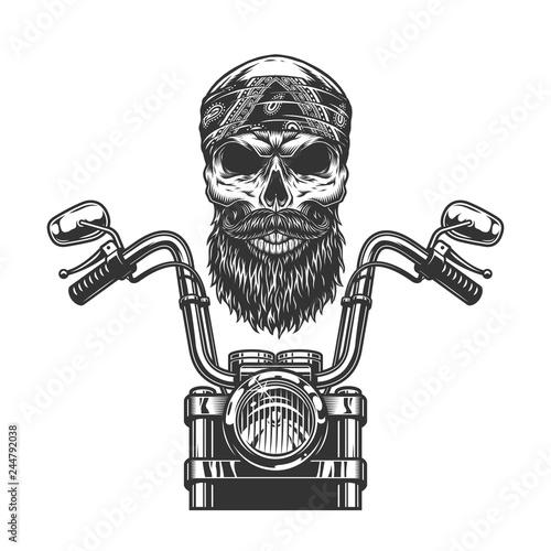 Vintage monochrome biker skull in bandana