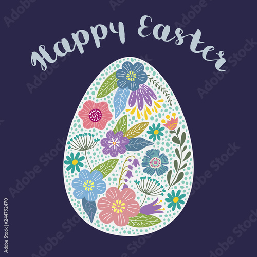 Happy Easter. Isolated Cartoon cute egg with floral patterns with text. Vector illustration