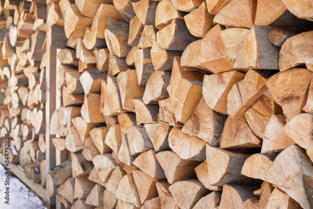 Stacked firewood outdoors, closeup. Heating house in winter Stacked firewood outdoors, closeup. Heating house in winter