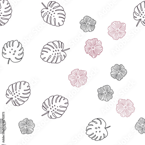 Dark Red vector seamless natural artwork with flowers, leaves.