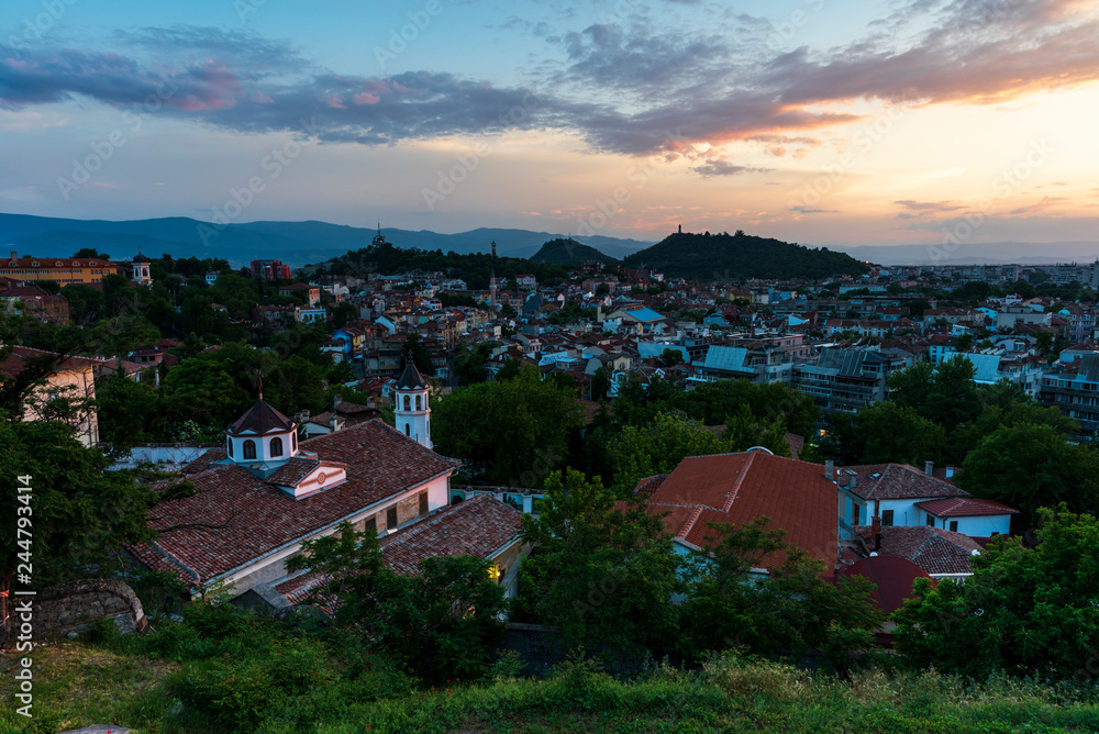 sunset over Plovdiv city, Bulgaria