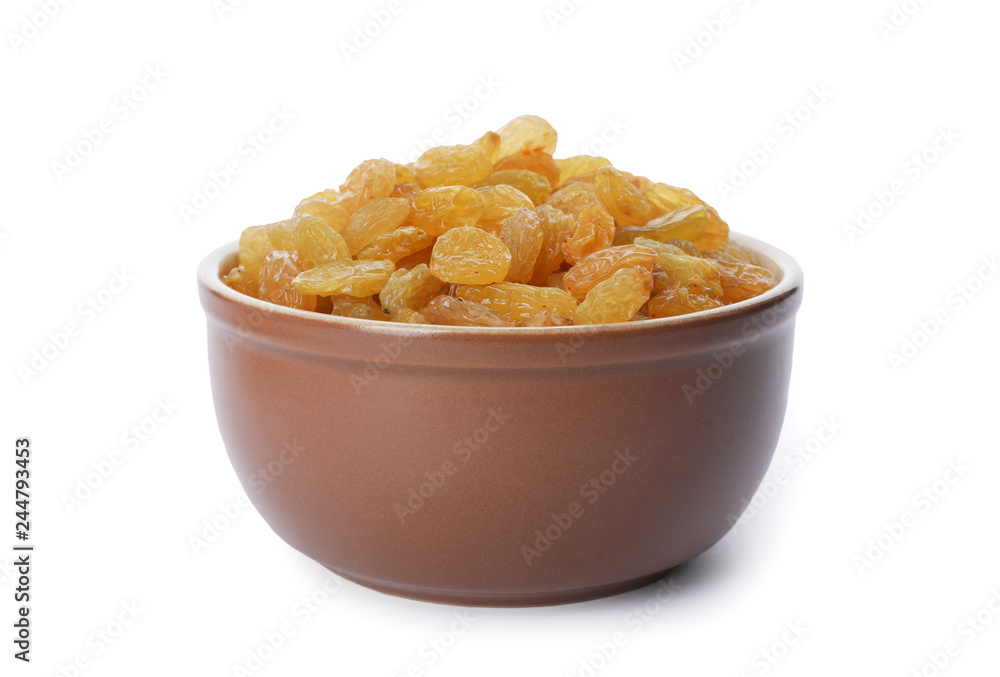 Bowl with dried golden raisins isolated on white. Healthy nutrition with fruits Bowl with dried golden raisins isolated on white. Healthy nutrition with fruits