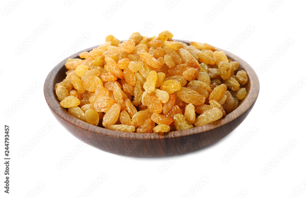 Bowl with dried golden raisins isolated on white. Healthy nutrition with fruits