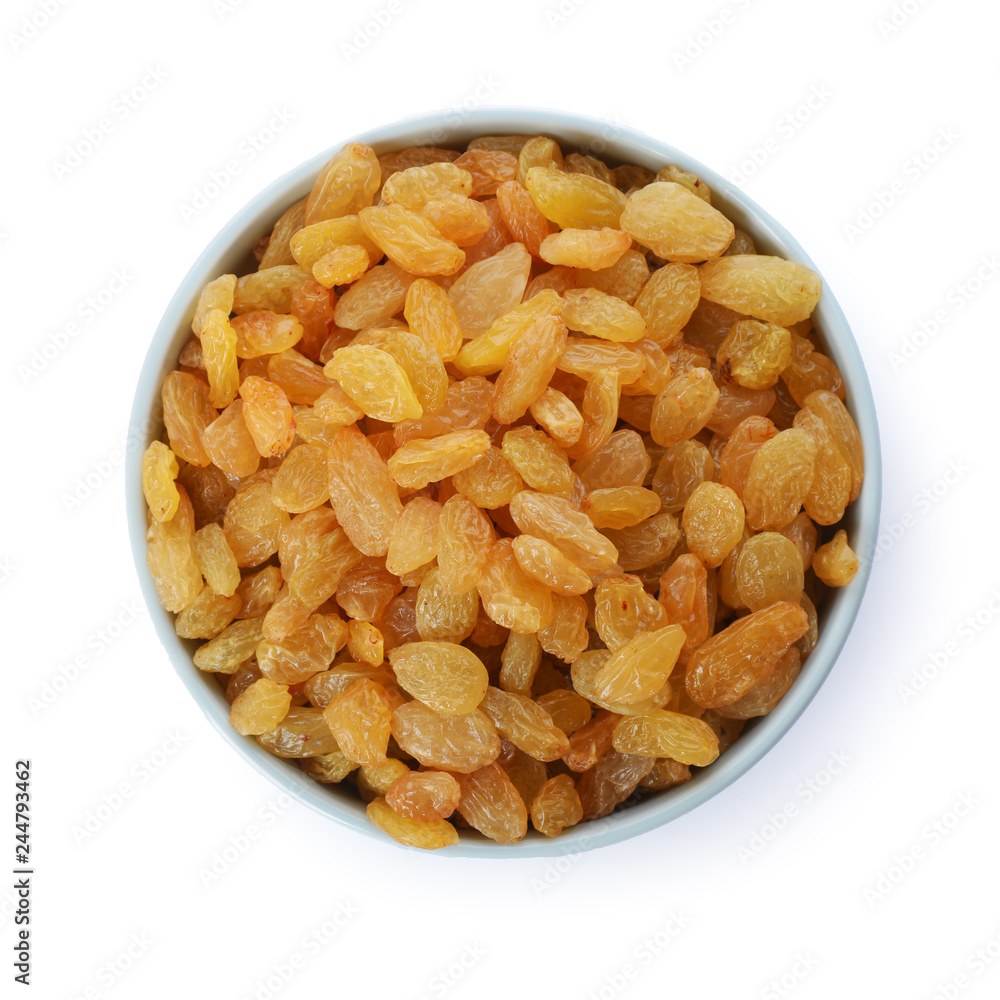 Bowl with dried golden raisins isolated on white, top view. Healthy nutrition with fruits