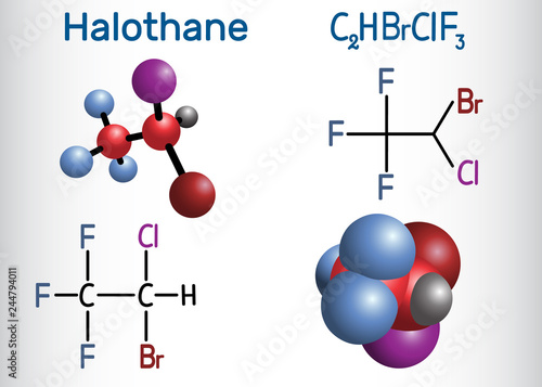 Halothane general anesthetic drug molecule. Structural chemical formula and molecule model