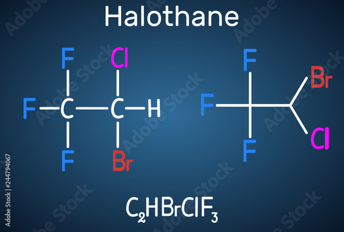 Halothane general anesthetic drug molecule. Structural chemical formula on the dark blue background. Sheet of paper in a cage