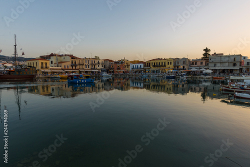 Greece  Crete Rethymno  panoramic view old venetian harbor at the sunset. 