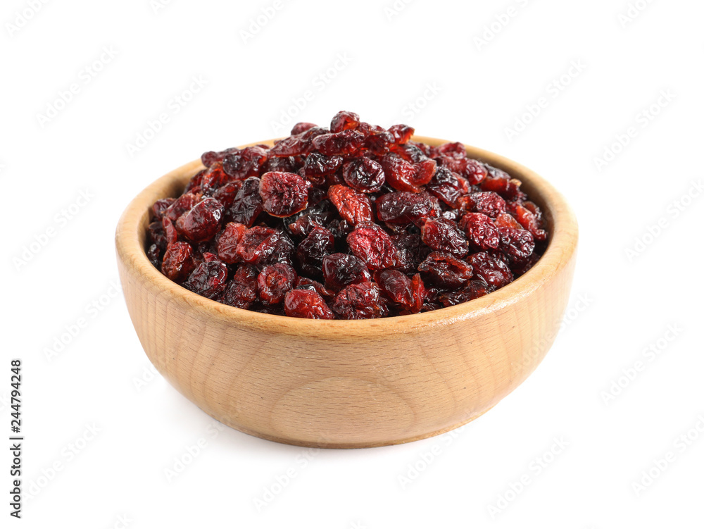 Bowl with cranberries on white background. Dried fruit as healthy snack Bowl with cranberries on white background. Dried fruit as healthy snack