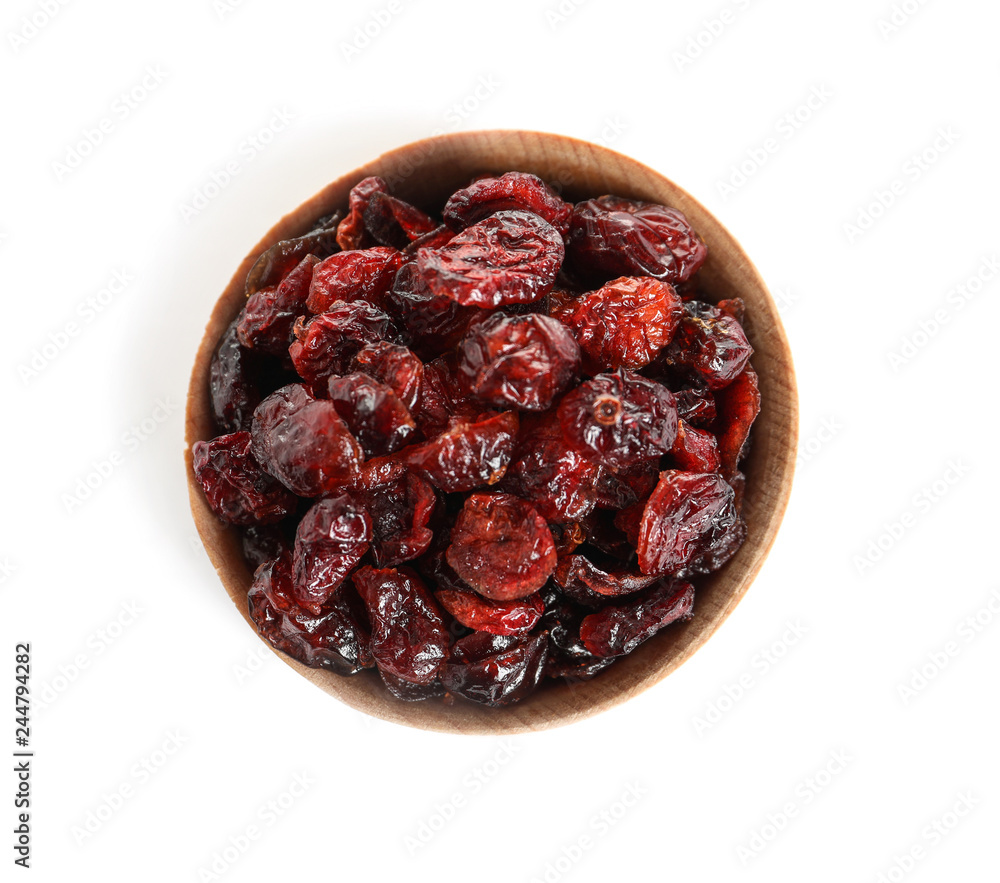 Bowl with cranberries on white background, top view. Dried fruit as healthy snack Bowl with cranberries on white background, top view. Dried fruit as healthy snack