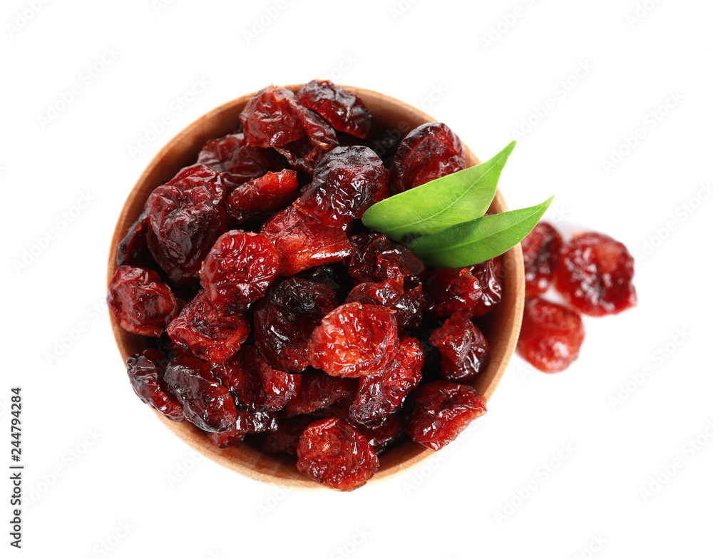 Bowl with cranberries on white background, top view. Dried fruit as healthy snack