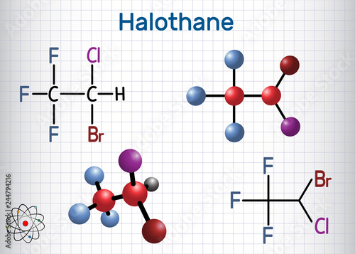 Halothane general anesthetic drug molecule. Structural chemical formula and molecule model. Sheet of paper in a cage