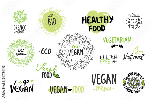 Bio, Ecology, Organic logos and icons, labels, tags. Hand drawn bio healthy food badges, set of raw, vegan, healthy food signs, organic and elements set. go vegan, vegetarian, hand drawing white green