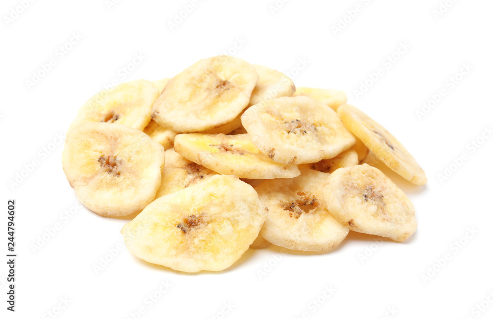 Heap of sweet banana slices on white background. Dried fruit as healthy snack