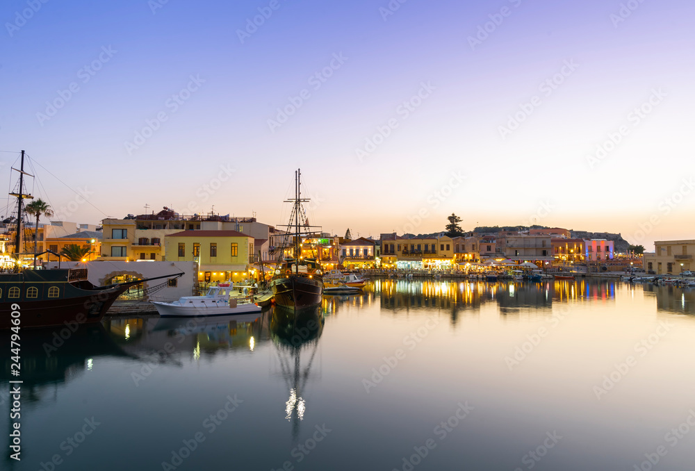 Greece, Crete Rethymno, old venetian harbor at the evening.