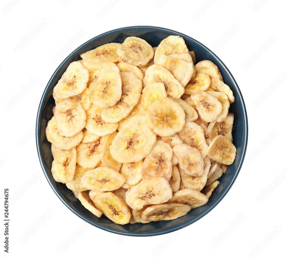 Bowl with sweet banana slices on white background, top view. Dried fruit as healthy snack Bowl with sweet banana slices on white background, top view. Dried fruit as healthy snack