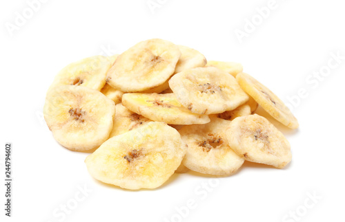 Heap of sweet banana slices on white background. Dried fruit as healthy snack
