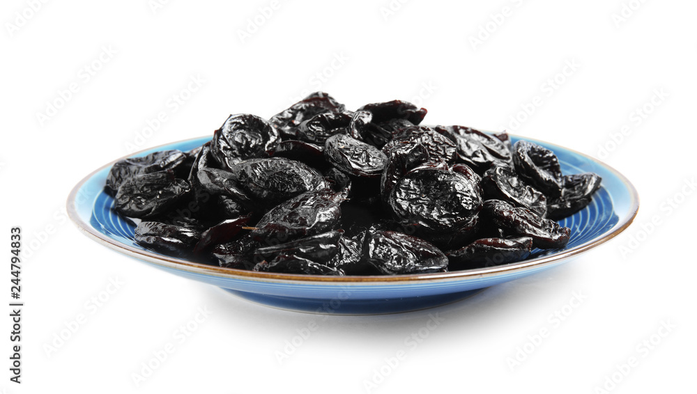 Plate of tasty prunes on white background. Dried fruit as healthy snack Plate of tasty prunes on white background. Dried fruit as healthy snack