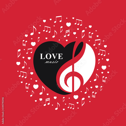 Love music red banner with treble clef inside the heart shape.