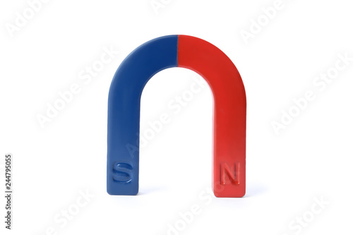 Red and blue horseshoe magnet isolated on white