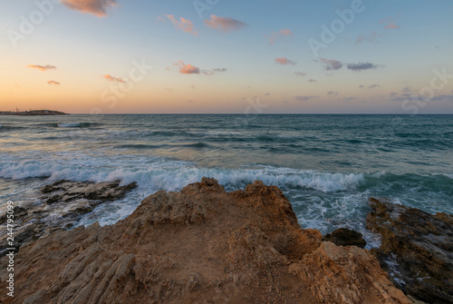 Mediterranean Sea. Greek island Crete. Sunset on the beach