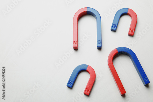 Red and blue horseshoe magnets on white background, top view with space for text