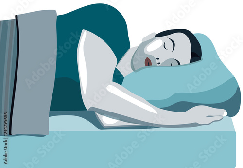 Uomo che dorme con la testa sul cuscino, letto e materasso. Sonni tranquilli. Riposare. Dormire sul lato sinistro fa bene alla salute. L’importanza del sonno photo