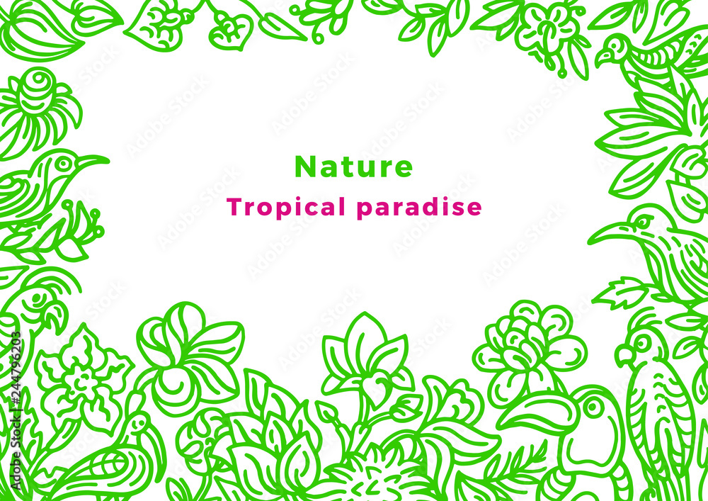 Vector template of wild tropical bird, nature. Art sketch floral border Vector template of wild tropical bird, nature. Art sketch floral border
