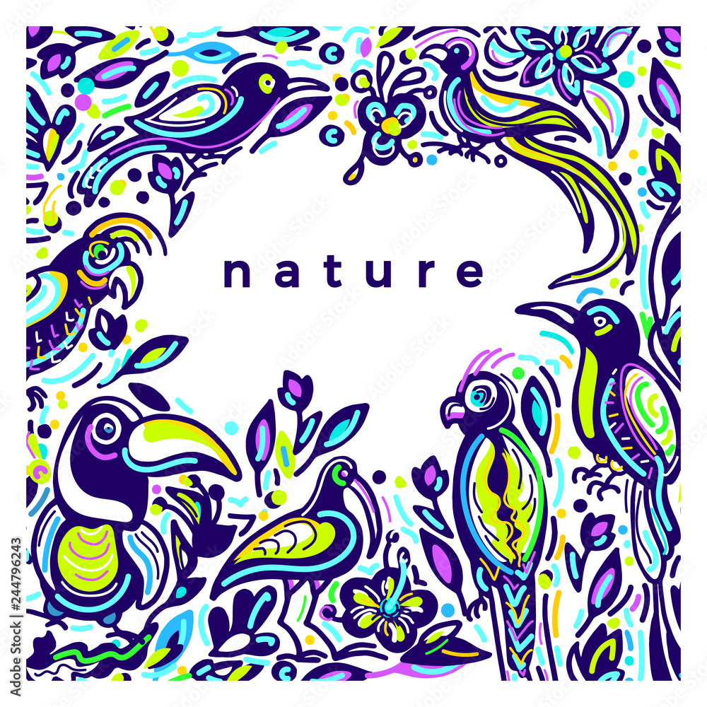 Obraz premium Vector color template. Exotic tropical bird, nature. Art sketch floral border