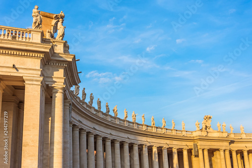 Columns in Saint Peter's Square evening sunset light, Vatican.