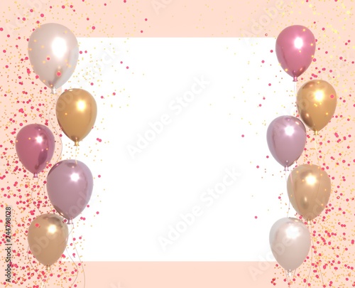 Party banner with balloons on bright background and place for text. Happy birthday cards design. Festive or present 3d rendering decoration concept.