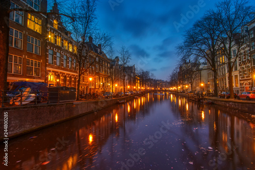 Beautiful view of Amsterdam canal at the night.