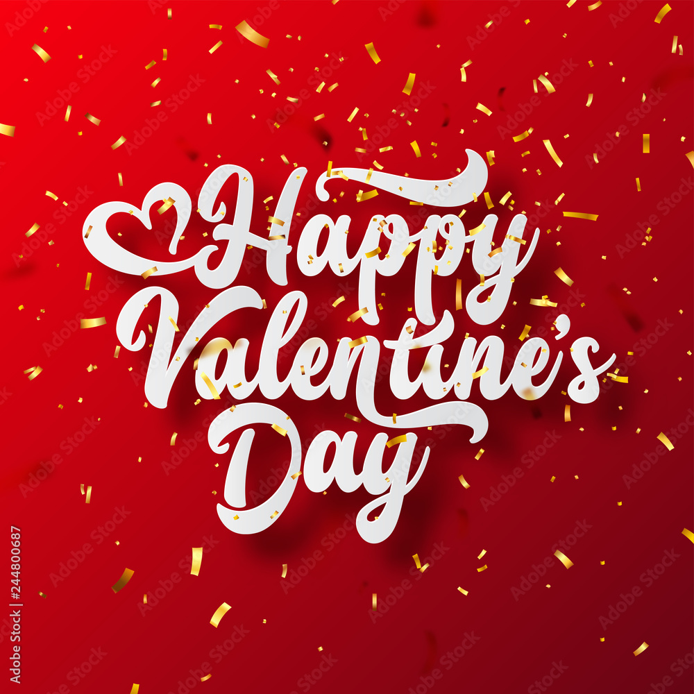 Valentines Day Love Lettering With Golden Confetti. February 14 Handwritten Romantic Greeting Card Text. Vector Illustration.