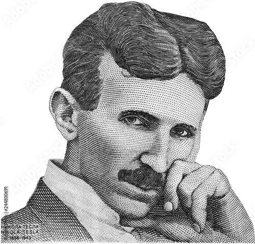 Nikola Tesla portrait on Serbia banknote isolated. Genius scientist and inventor, famous by the inventions in electricity. photo