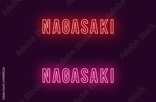 Neon name of Nagasaki city in Japan. Vector text