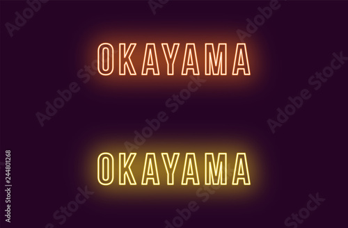 Neon name of Okayama city in Japan. Vector text