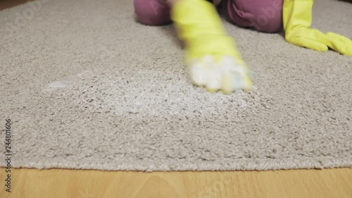 Woman in yellow rubber gloves cleaning carpet with a sponge and foam