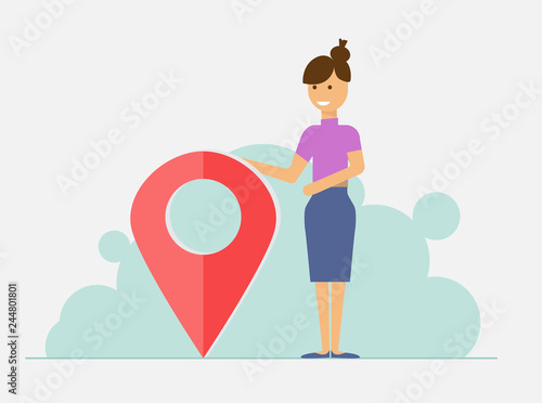 Woman standing close to big map pointer. Our office location. Vector illustration