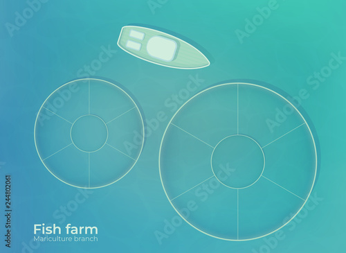 Mariculture. Fish farm in open sea water in special protected ponds. Vector top view illustration.