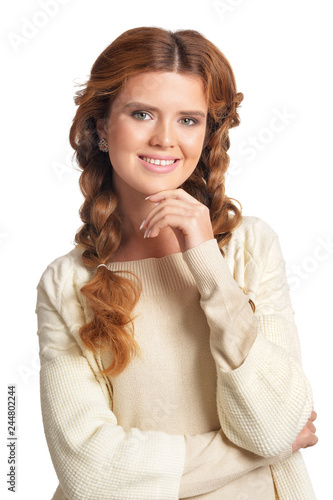 portrait of beautiful woman posing on white background