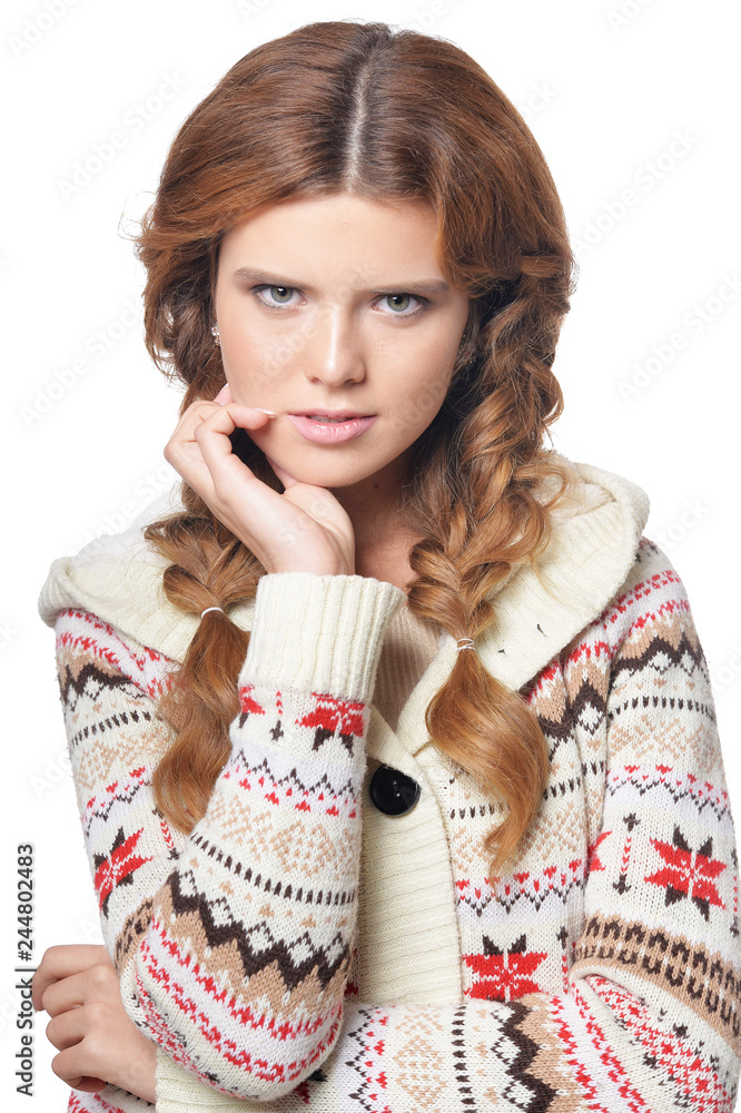 portrait of beautiful woman posing on white background