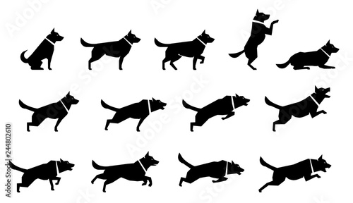 Set of icons representing various dog’s body postures. Collection of vector illustration icons of dogs standing still and moving.