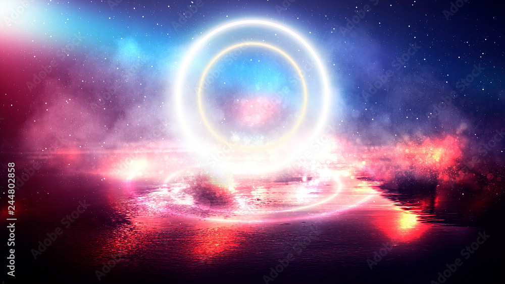 Empty dark street, reflection of neon light in the puddles of the night city. Neon circle in the center, magical glow, light, rays, smoke. Empty dark street, reflection of neon light in the puddles of the night city. Neon circle in the center, magical glow, light, rays, smoke.