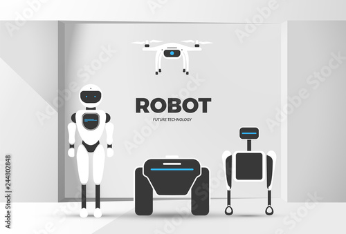 Modern robotic set vector illustration with stylish robot, drone, autonomous vehicle in the room