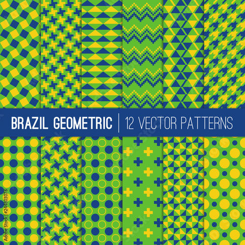 Modern Geometric Patterns in Yellow, Green and Blue - Colors of Brazilian Flag. Rio Carnival Backgrounds. Repeating Pattern Tile Swatches Included.